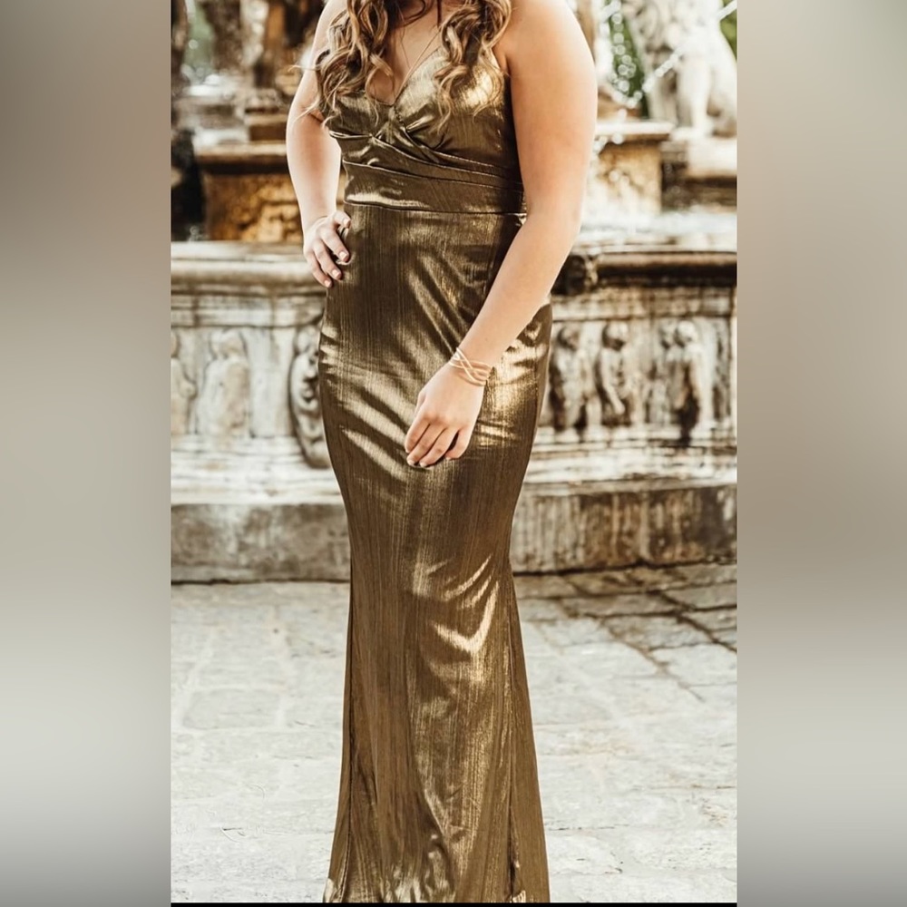 Mac Duggal long gold gown. Worn once for Sweet 16. Slightly altered. Size 6